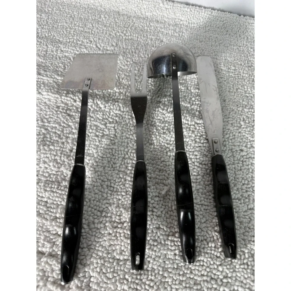 Vintage Stainless Japan 4pc Kitchen Utensil Set Mid Century Modern Black Handles